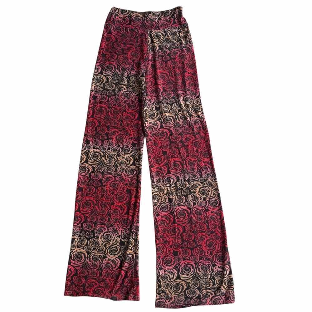 Wide Leg Floral Print Pants - Red & Cream